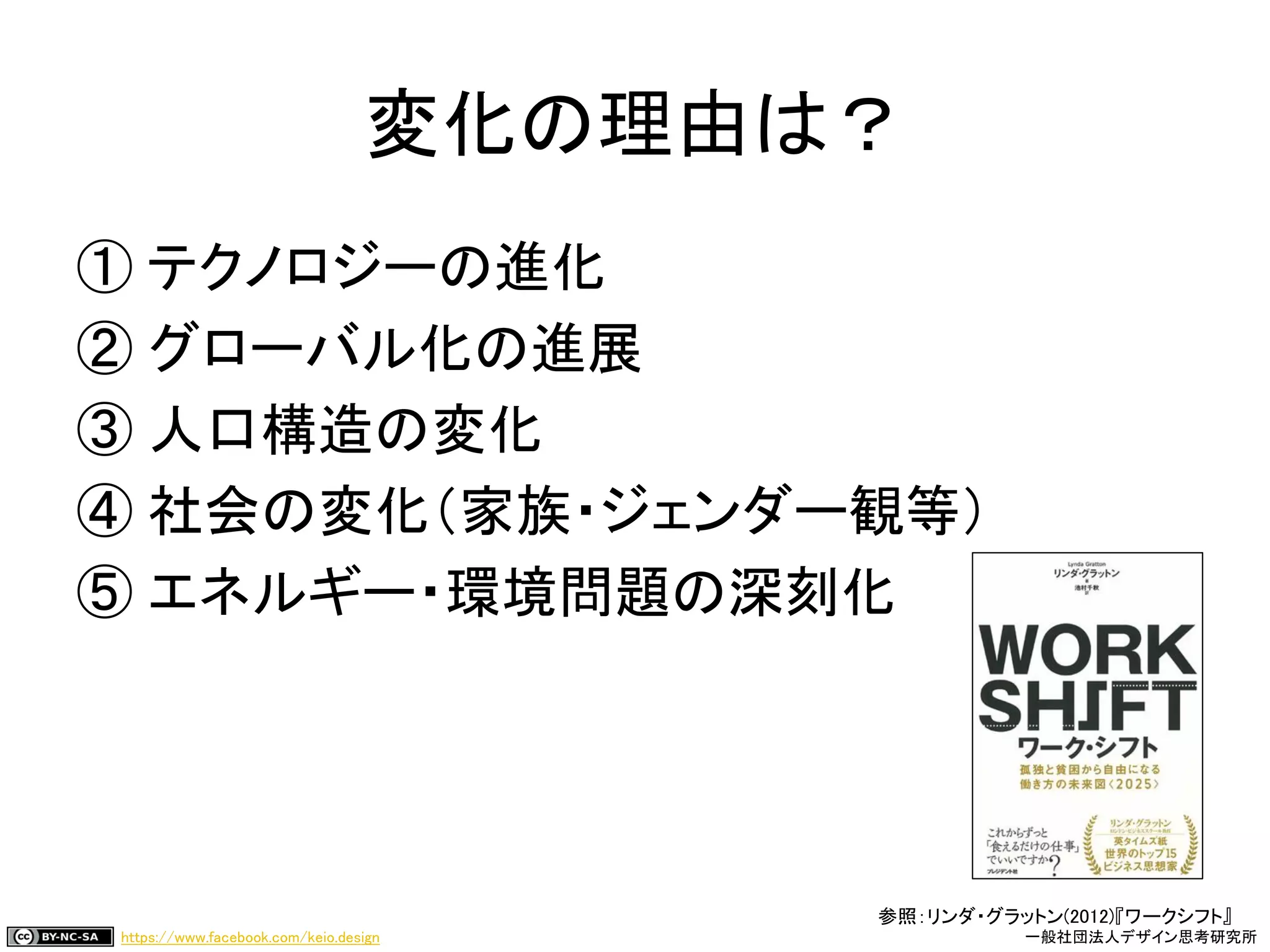 https://www.facebook.com/keio.design 一般社団法人デザイン思考研究所
変化の理由は？
① テクノロジーの進化
② グローバル化の進展
③ 人口構造の変化
④ 社会の変化（家族・ジェンダー観等）
⑤ エネルギー・環境問題の深刻化
参照：リンダ・グラットン(2012)『ワークシフト』
 