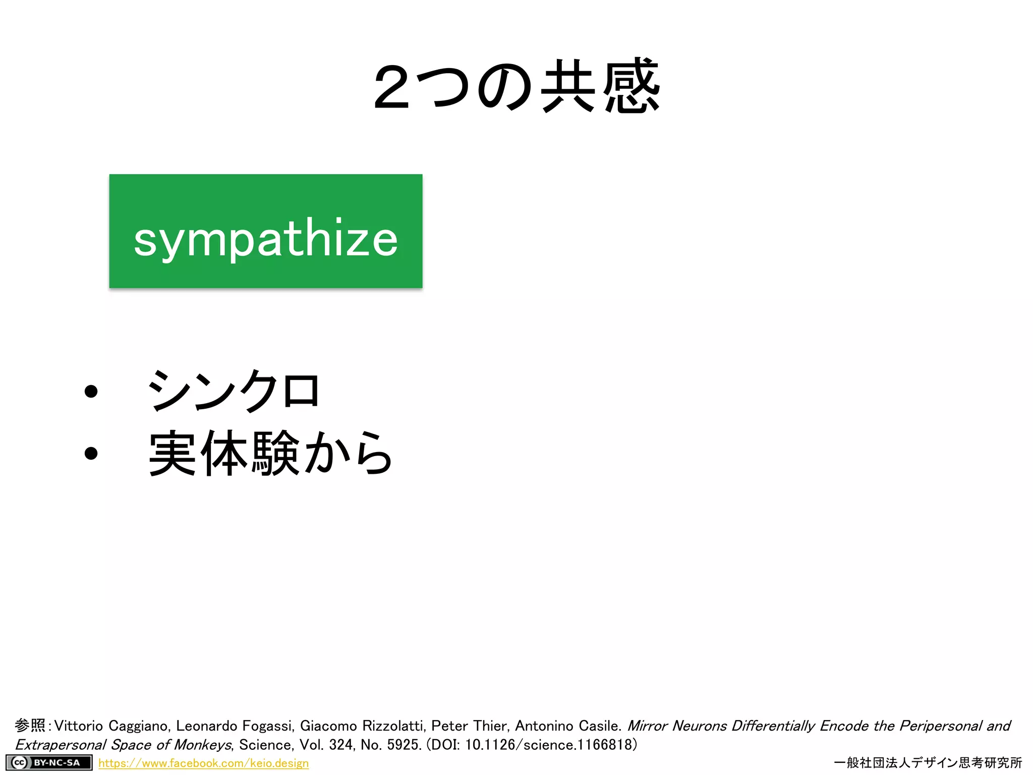 https://www.facebook.com/keio.design 一般社団法人デザイン思考研究所
sympathize
• シンクロ
• 実体験から
２つの共感
参照：Vittorio Caggiano, Leonardo Fogassi, Giacomo Rizzolatti, Peter Thier, Antonino Casile. Mirror Neurons Differentially Encode the Peripersonal and
Extrapersonal Space of Monkeys, Science, Vol. 324, No. 5925. (DOI: 10.1126/science.1166818)
 