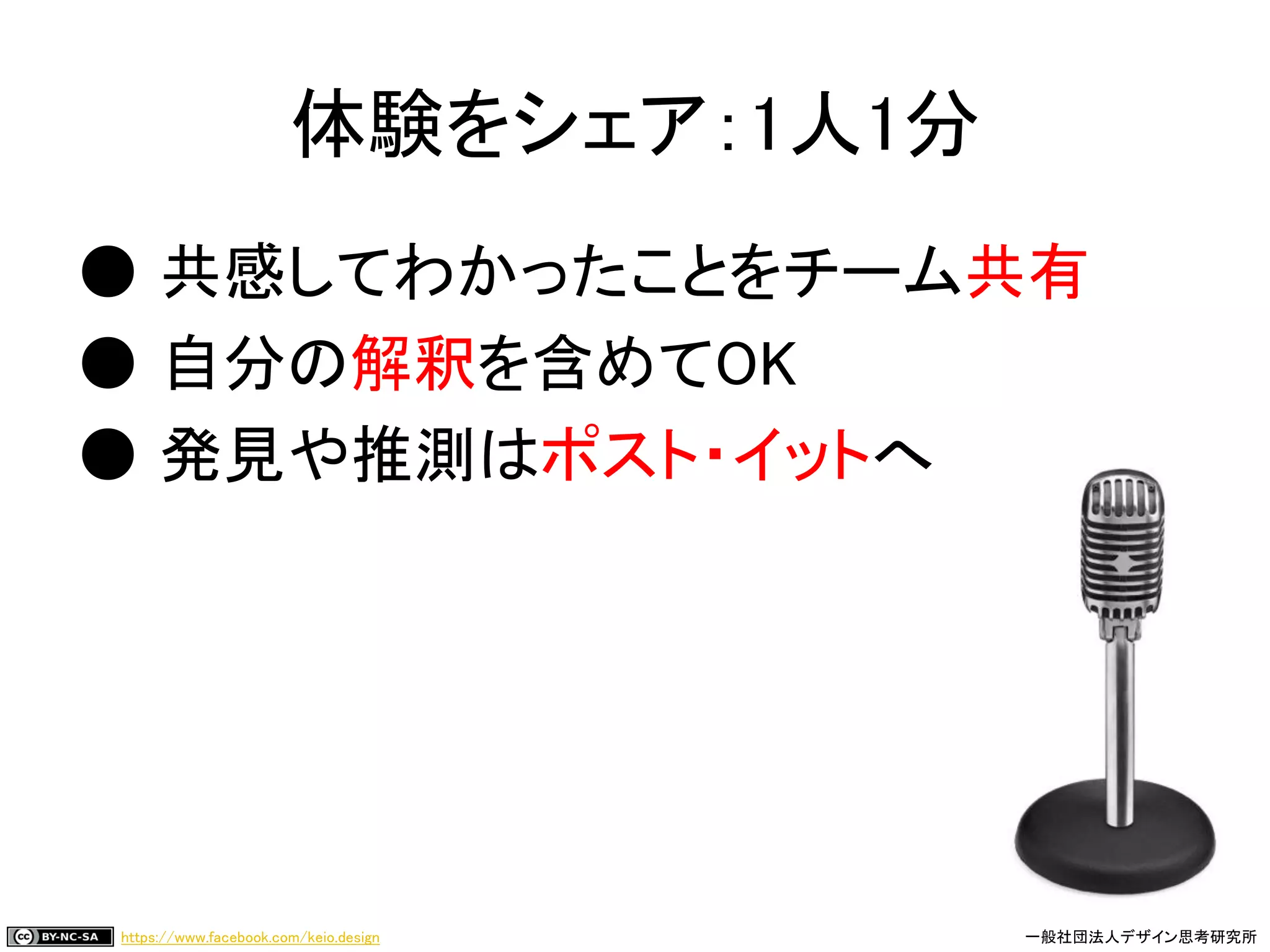 https://www.facebook.com/keio.design 一般社団法人デザイン思考研究所
● 共感してわかったことをチーム共有
● 自分の解釈を含めてOK
● 発見や推測はポスト・イットへ
体験をシェア：1人1分
 