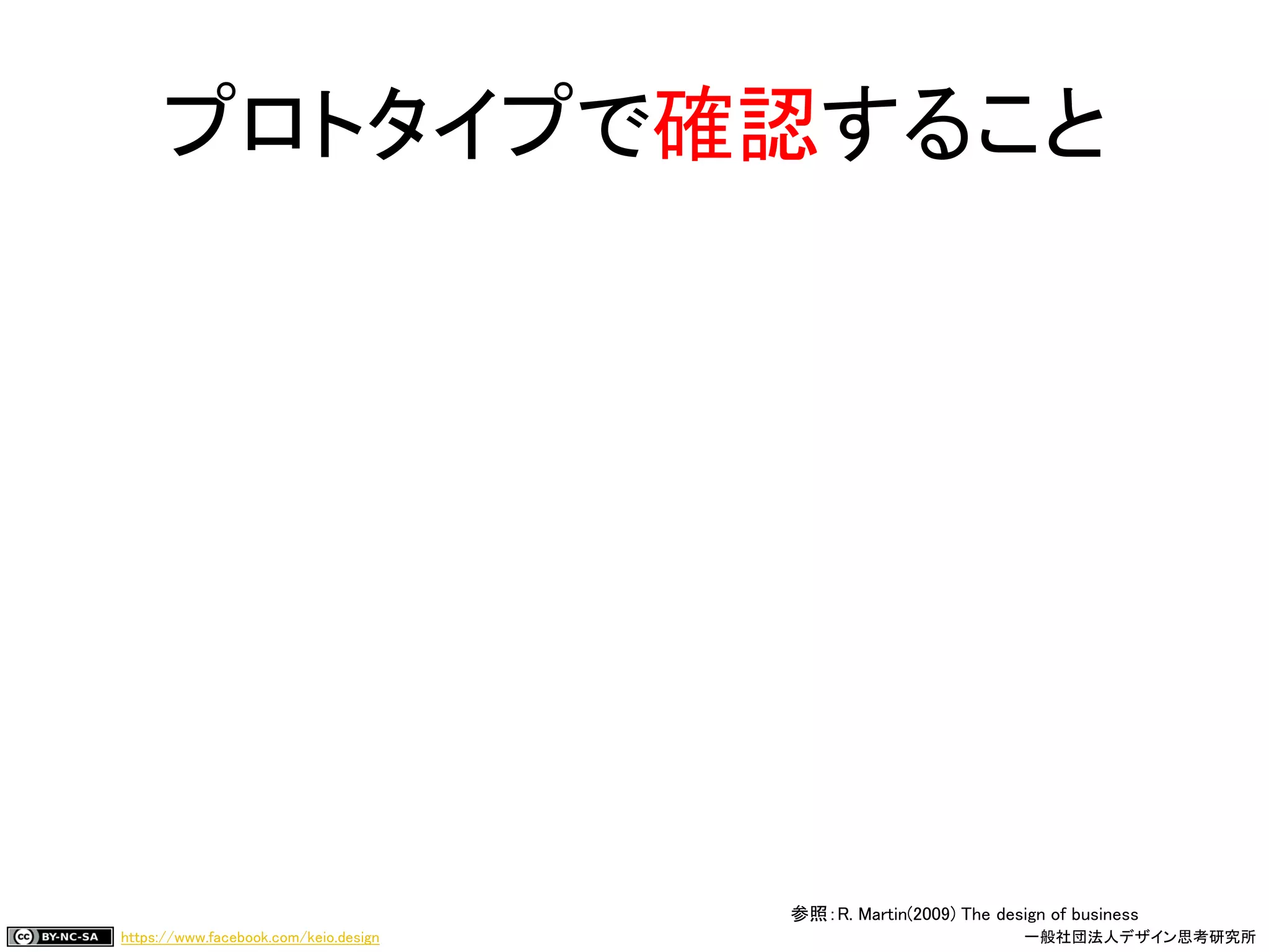 https://www.facebook.com/keio.design 一般社団法人デザイン思考研究所
プロトタイプで確認すること
参照：R. Martin(2009) The design of business
 