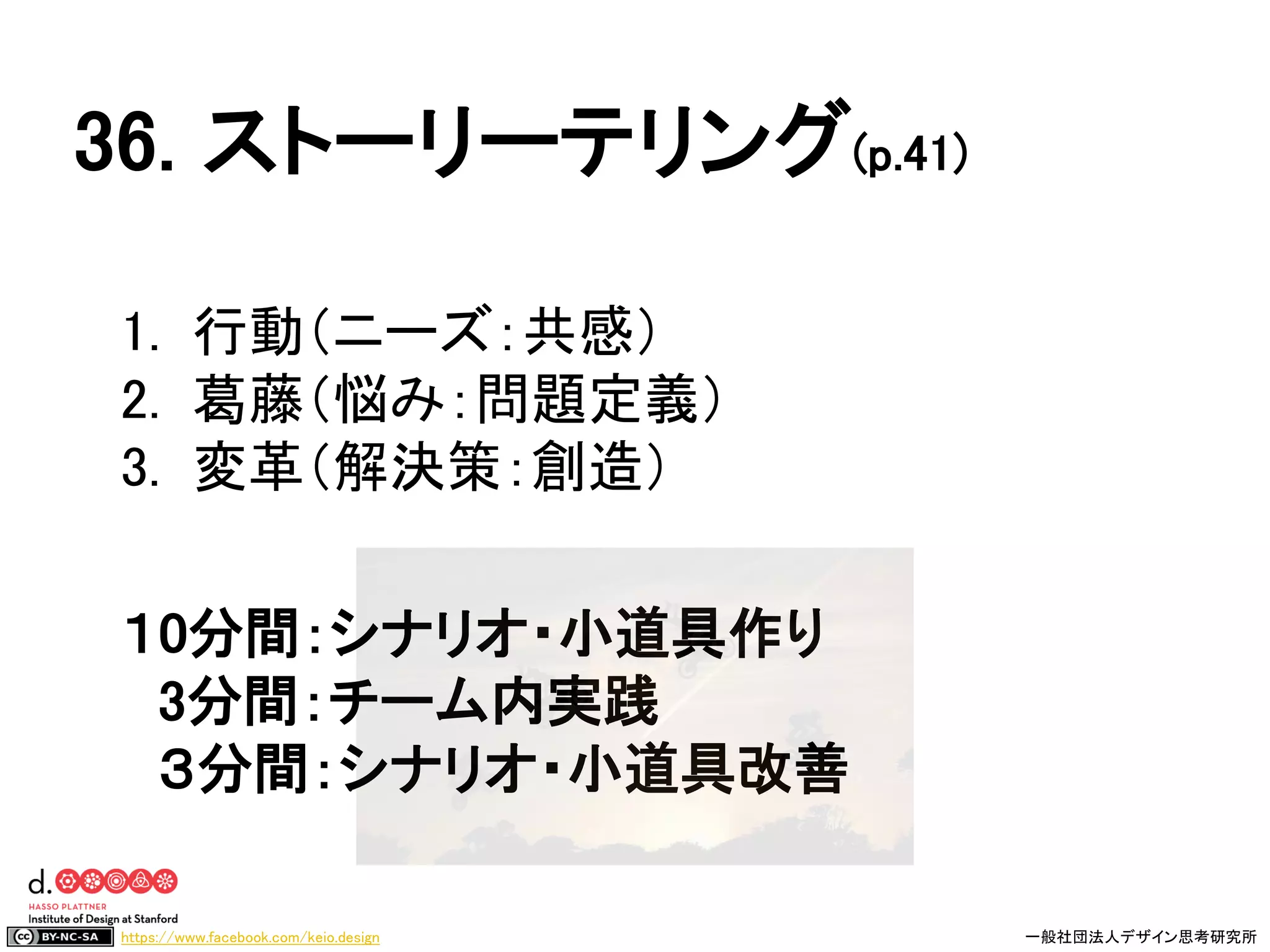 https://www.facebook.com/keio.design 一般社団法人デザイン思考研究所
1. 行動（ニーズ：共感）
2. 葛藤（悩み：問題定義）
3. 変革（解決策：創造）
１0分間：シナリオ・小道具作り
3分間：チーム内実践
３分間：シナリオ・小道具改善
36. ストーリーテリング(p.41)
 