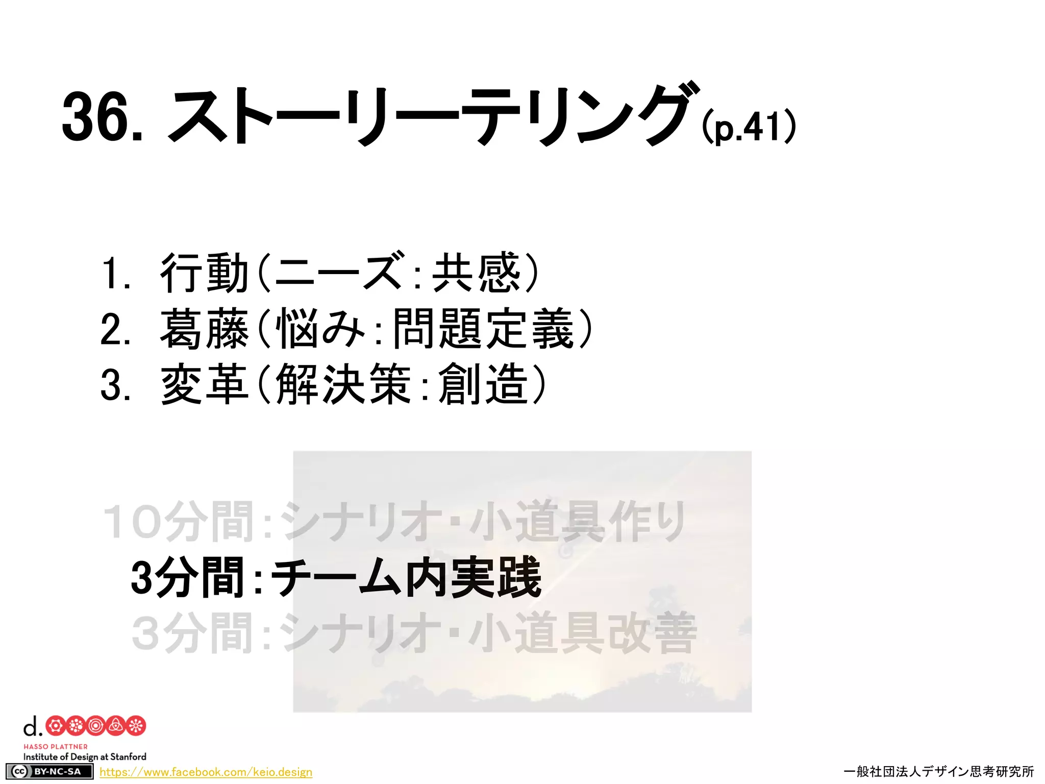 https://www.facebook.com/keio.design 一般社団法人デザイン思考研究所
1. 行動（ニーズ：共感）
2. 葛藤（悩み：問題定義）
3. 変革（解決策：創造）
１０分間：シナリオ・小道具作り
3分間：チーム内実践
３分間：シナリオ・小道具改善
36. ストーリーテリング(p.41)
 