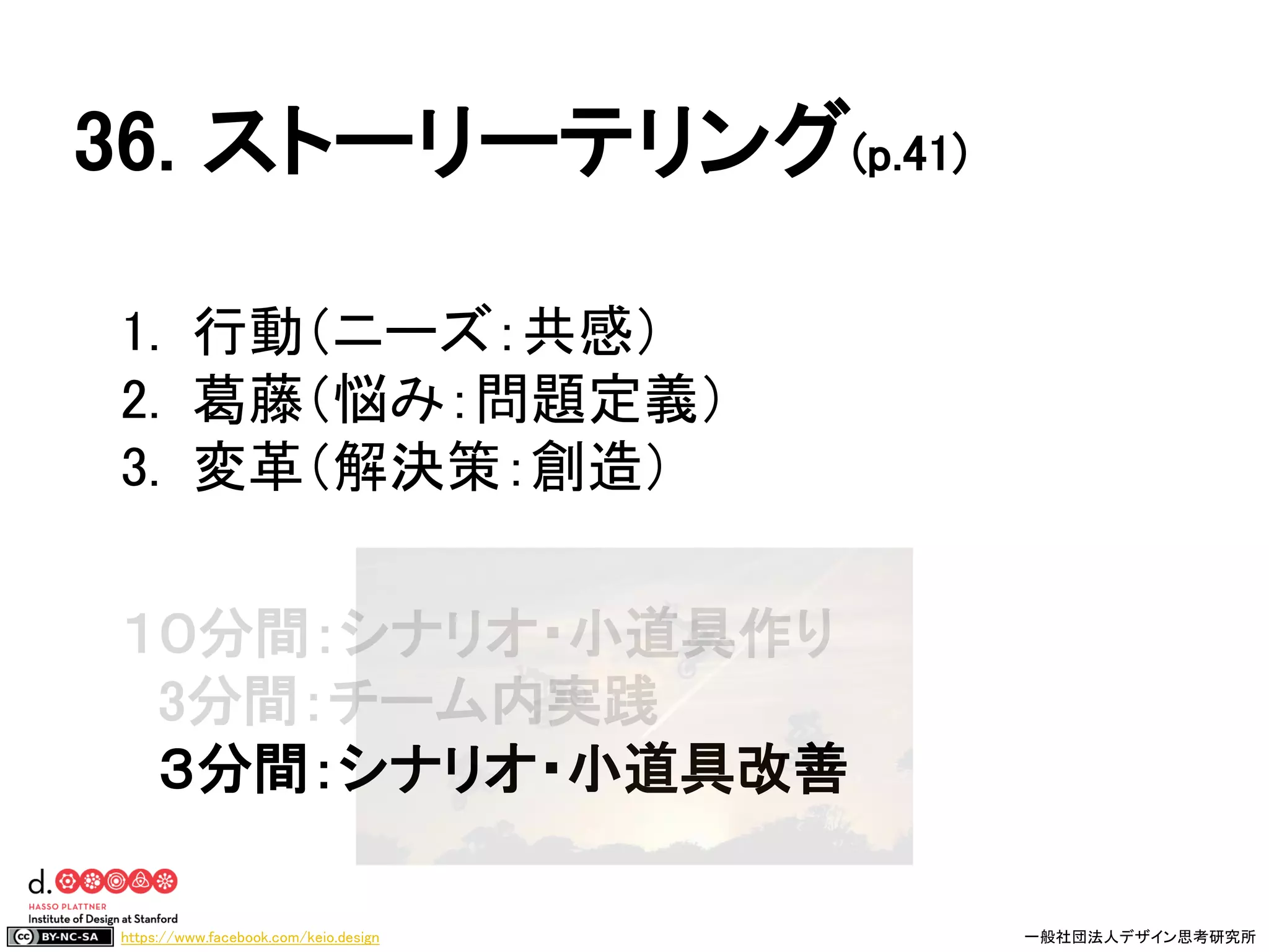 https://www.facebook.com/keio.design 一般社団法人デザイン思考研究所
1. 行動（ニーズ：共感）
2. 葛藤（悩み：問題定義）
3. 変革（解決策：創造）
１０分間：シナリオ・小道具作り
3分間：チーム内実践
３分間：シナリオ・小道具改善
36. ストーリーテリング(p.41)
 