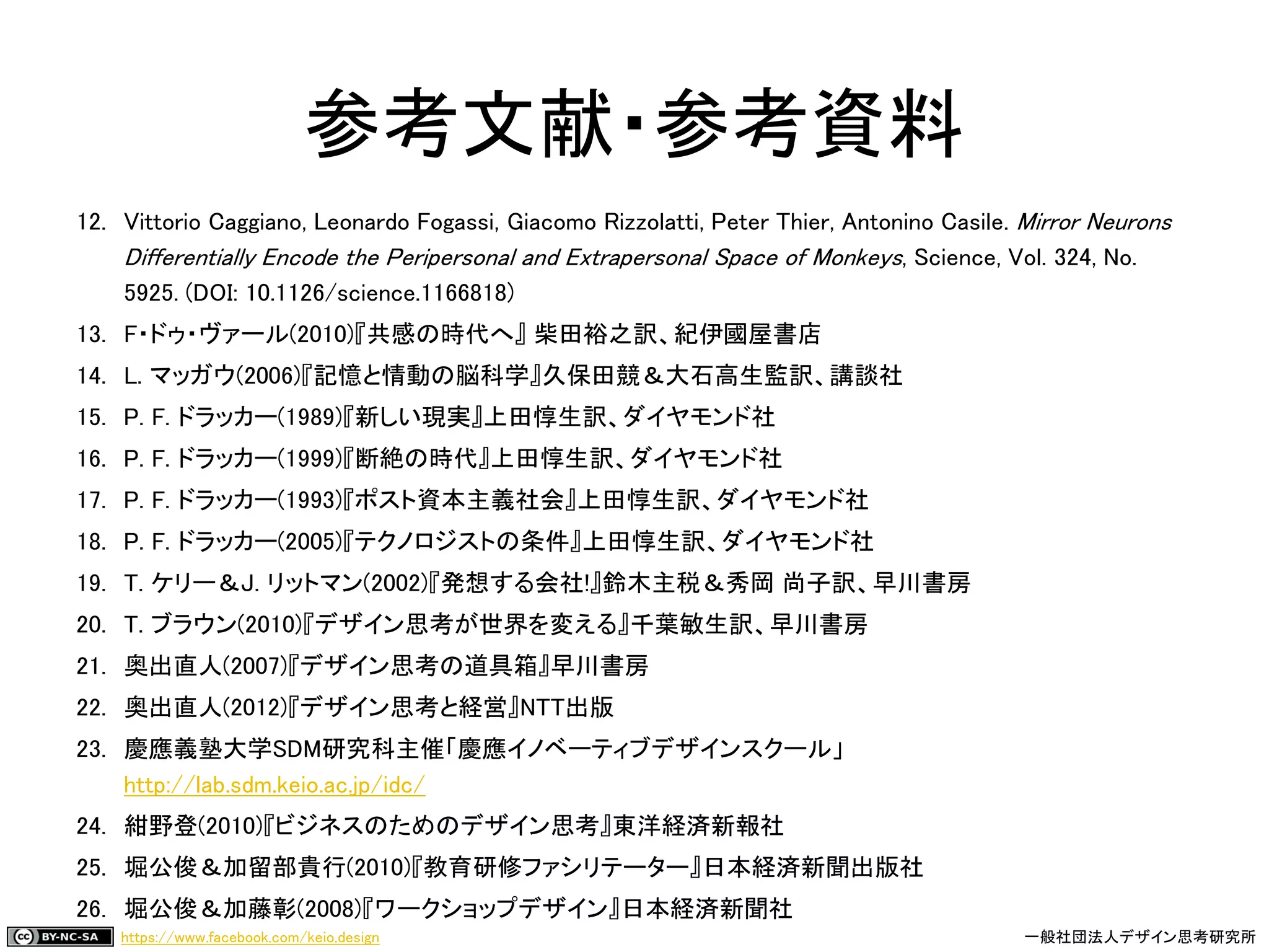 https://www.facebook.com/keio.design 一般社団法人デザイン思考研究所
参考文献・参考資料
12. Vittorio Caggiano, Leonardo Fogassi, Giacomo Rizzolatti, Peter Thier, Antonino Casile. Mirror Neurons
Differentially Encode the Peripersonal and Extrapersonal Space of Monkeys, Science, Vol. 324, No.
5925. (DOI: 10.1126/science.1166818)
13. F・ドゥ・ヴァール(2010)『共感の時代へ』 柴田裕之訳、紀伊國屋書店
14. L. マッガウ(2006)『記憶と情動の脳科学』久保田競＆大石高生監訳、講談社
15. P. F. ドラッカー(1989)『新しい現実』上田惇生訳、ダイヤモンド社
16. P. F. ドラッカー(1999)『断絶の時代』上田惇生訳、ダイヤモンド社
17. P. F. ドラッカー(1993)『ポスト資本主義社会』上田惇生訳、ダイヤモンド社
18. P. F. ドラッカー(2005)『テクノロジストの条件』上田惇生訳、ダイヤモンド社
19. T. ケリー＆J. リットマン(2002)『発想する会社!』鈴木主税＆秀岡 尚子訳、早川書房
20. T. ブラウン(2010)『デザイン思考が世界を変える』千葉敏生訳、早川書房
21. 奥出直人(2007)『デザイン思考の道具箱』早川書房
22. 奥出直人(2012)『デザイン思考と経営』NTT出版
23. 慶應義塾大学SDM研究科主催「慶應イノベーティブデザインスクール」
http://lab.sdm.keio.ac.jp/idc/
24. 紺野登(2010)『ビジネスのためのデザイン思考』東洋経済新報社
25. 堀公俊＆加留部貴行(2010)『教育研修ファシリテーター』日本経済新聞出版社
26. 堀公俊＆加藤彰(2008)『ワークショップデザイン』日本経済新聞社
 