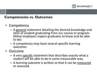 Competencies vs. Outcomes
• Competency
– A general statement detailing the desired knowledge and
skills of student graduating from our course or program.
(What employers expect graduates to know and be able
to do)
– A competency may have several specific learning
outcomes
• Outcome
– A very specific statement that describes exactly what a
student will be able to do in some measurable way.
– A learning outcome is written so that it can be measured
or assessed.
 