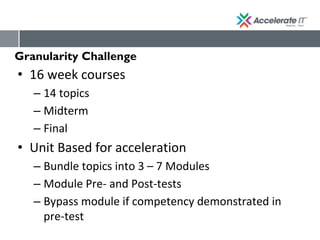 Granularity Challenge
• 16 week courses
– 14 topics
– Midterm
– Final
• Unit Based for acceleration
– Bundle topics into 3 – 7 Modules
– Module Pre- and Post-tests
– Bypass module if competency demonstrated in
pre-test
 
