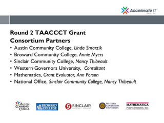 Round 2 TAACCCT Grant
Consortium Partners
• Austin Community College, Linda Smarzik
• Broward Community College, Annie Myers
• Sinclair Community College, Nancy Thibeault
• Western Governors University, Consultant
• Mathematica, Grant Evaluator, Ann Person
• National Office, Sinclair Community College, Nancy Thibeault
 