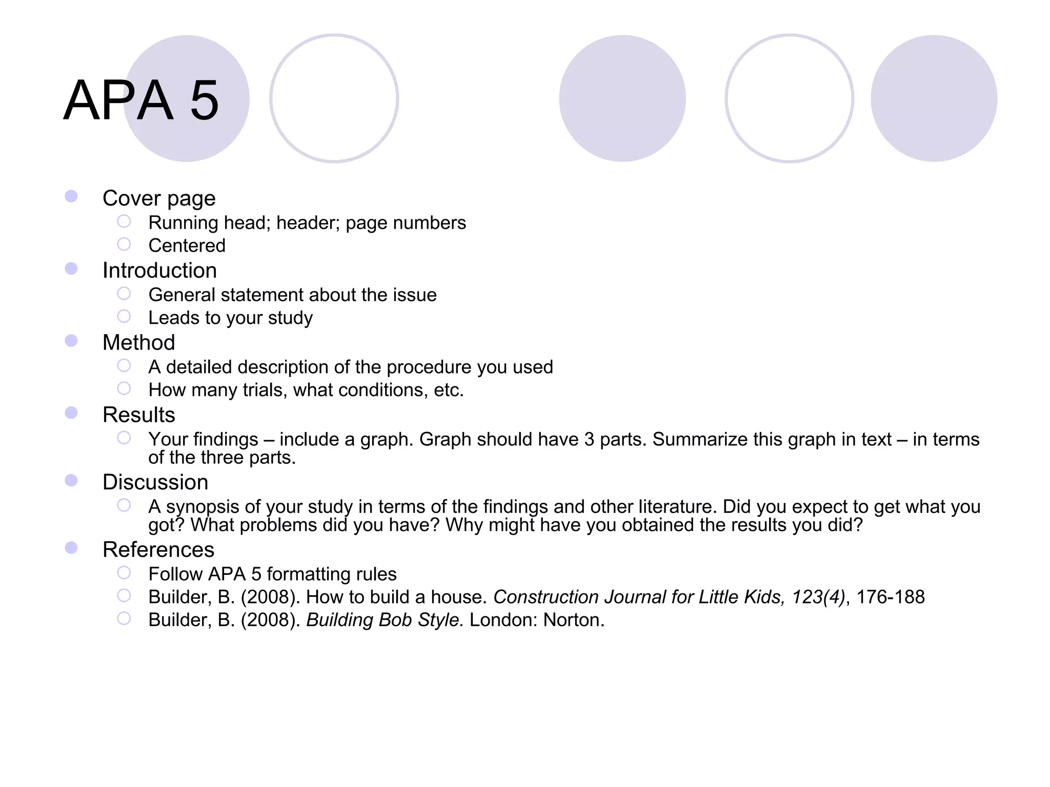 APA 5 Cover page Running head; header; page numbers Centered Introduction General statement about the issue Leads to your study Method A detailed description of the procedure you used How many trials, what conditions, etc. Results Your findings – include a graph. Graph should have 3 parts. Summarize this graph in text – in terms of the three parts. Discussion A synopsis of your study in terms of the findings and other literature. Did you expect to get what you got? What problems did you have? Why might have you obtained the results you did? References Follow APA 5 formatting rules Builder, B. (2008). How to build a house.  Construction Journal for Little Kids, 123(4) , 176-188 Builder, B. (2008).  Building Bob Style.  London: Norton. 