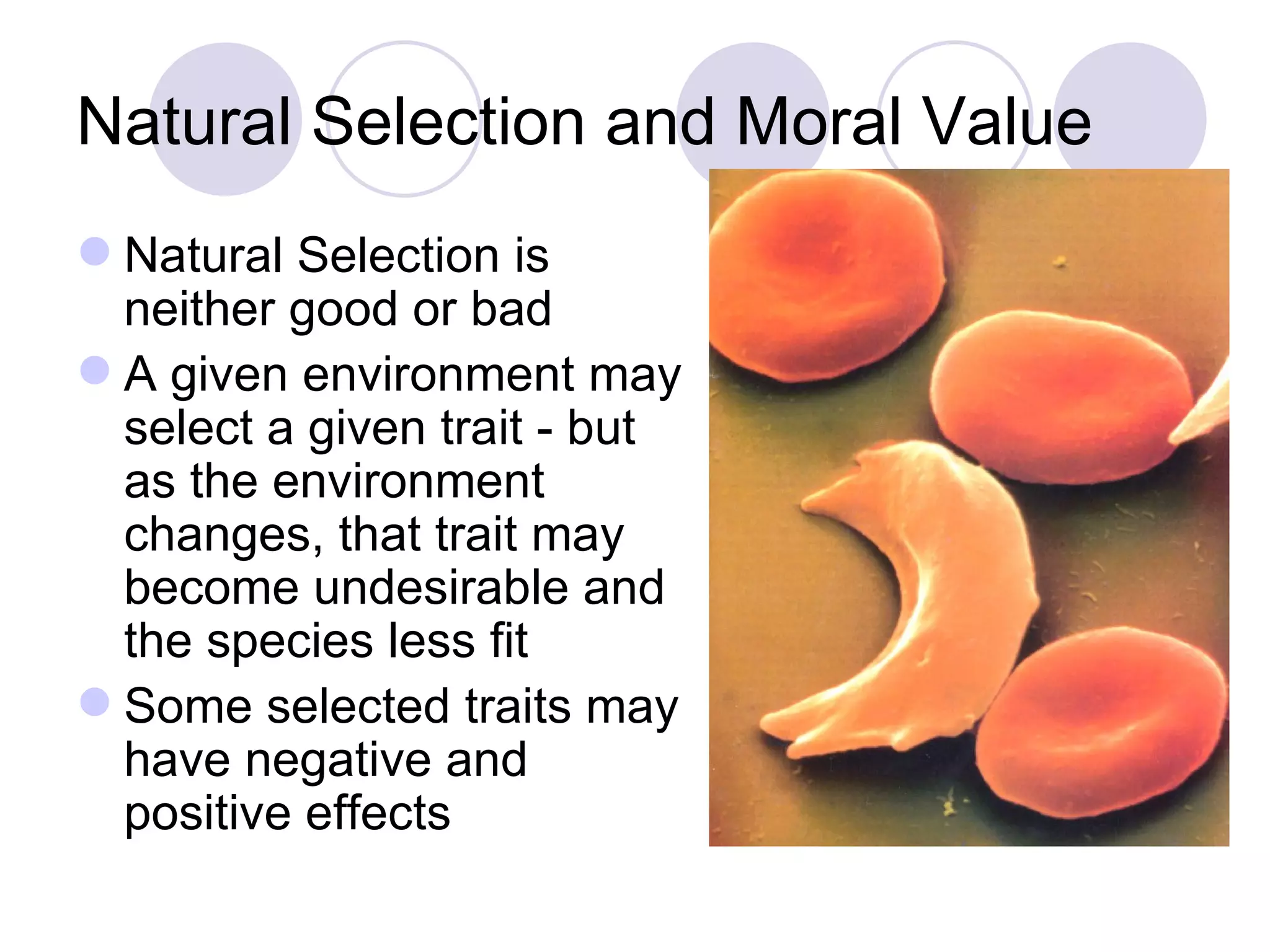 Natural Selection and Moral Value Natural Selection is neither good or bad A given environment may select a given trait - but as the environment changes, that trait may become undesirable and the species less fit Some selected traits may have negative and positive effects 