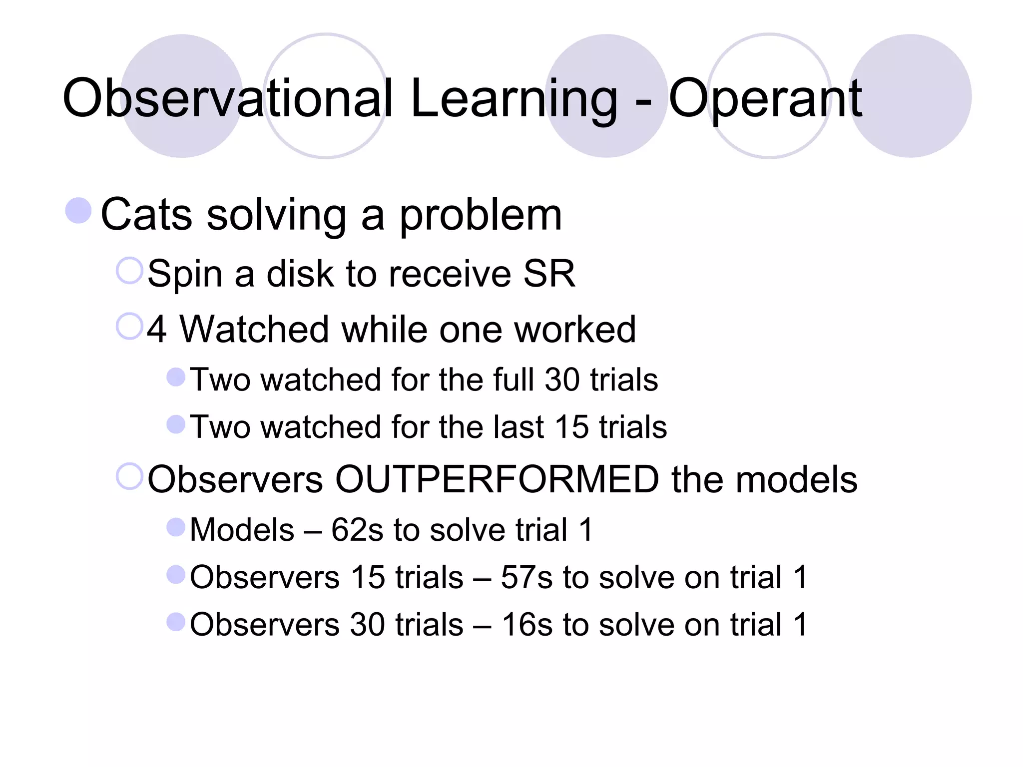 Observational Learning - Operant Cats solving a problem Spin a disk to receive SR 4 Watched while one worked Two watched for the full 30 trials Two watched for the last 15 trials Observers OUTPERFORMED the models Models – 62s to solve trial 1 Observers 15 trials – 57s to solve on trial 1 Observers 30 trials – 16s to solve on trial 1 
