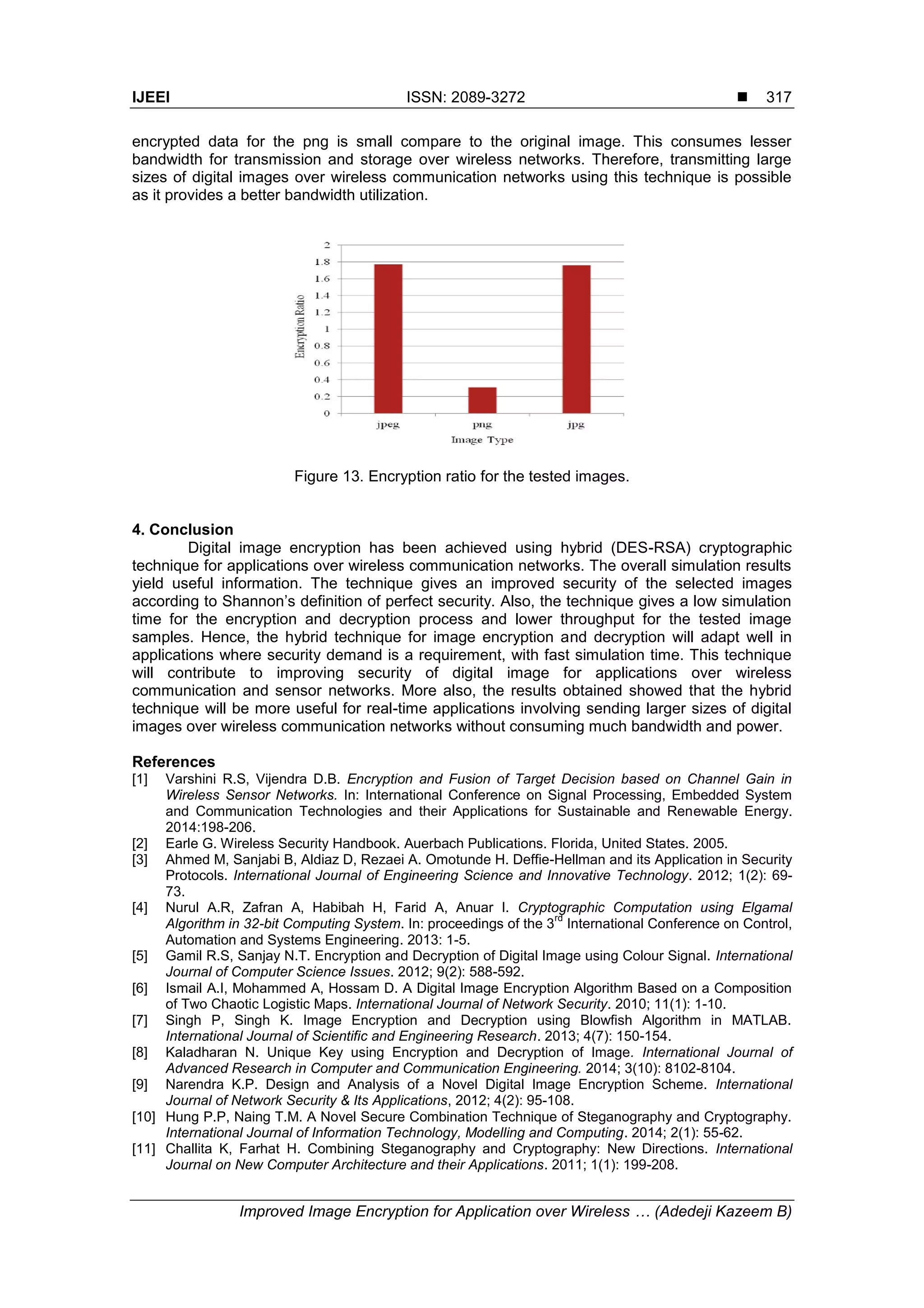 IJEEI ISSN: 2089-3272  Improved Image Encryption for Application over Wireless … (Adedeji Kazeem B) 317 encrypted data for the png is small compare to the original image. This consumes lesser bandwidth for transmission and storage over wireless networks. Therefore, transmitting large sizes of digital images over wireless communication networks using this technique is possible as it provides a better bandwidth utilization. Figure 13. Encryption ratio for the tested images. 4. Conclusion Digital image encryption has been achieved using hybrid (DES-RSA) cryptographic technique for applications over wireless communication networks. The overall simulation results yield useful information. The technique gives an improved security of the selected images according to Shannon’s definition of perfect security. Also, the technique gives a low simulation time for the encryption and decryption process and lower throughput for the tested image samples. Hence, the hybrid technique for image encryption and decryption will adapt well in applications where security demand is a requirement, with fast simulation time. This technique will contribute to improving security of digital image for applications over wireless communication and sensor networks. More also, the results obtained showed that the hybrid technique will be more useful for real-time applications involving sending larger sizes of digital images over wireless communication networks without consuming much bandwidth and power. References [1] Varshini R.S, Vijendra D.B. Encryption and Fusion of Target Decision based on Channel Gain in Wireless Sensor Networks. In: International Conference on Signal Processing, Embedded System and Communication Technologies and their Applications for Sustainable and Renewable Energy. 2014:198-206. [2] Earle G. Wireless Security Handbook. Auerbach Publications. Florida, United States. 2005. [3] Ahmed M, Sanjabi B, Aldiaz D, Rezaei A. Omotunde H. Deffie-Hellman and its Application in Security Protocols. International Journal of Engineering Science and Innovative Technology. 2012; 1(2): 69- 73. [4] Nurul A.R, Zafran A, Habibah H, Farid A, Anuar I. Cryptographic Computation using Elgamal Algorithm in 32-bit Computing System. In: proceedings of the 3 rd International Conference on Control, Automation and Systems Engineering. 2013: 1-5. [5] Gamil R.S, Sanjay N.T. Encryption and Decryption of Digital Image using Colour Signal. International Journal of Computer Science Issues. 2012; 9(2): 588-592. [6] Ismail A.I, Mohammed A, Hossam D. A Digital Image Encryption Algorithm Based on a Composition of Two Chaotic Logistic Maps. International Journal of Network Security. 2010; 11(1): 1-10. [7] Singh P, Singh K. Image Encryption and Decryption using Blowfish Algorithm in MATLAB. International Journal of Scientific and Engineering Research. 2013; 4(7): 150-154. [8] Kaladharan N. Unique Key using Encryption and Decryption of Image. International Journal of Advanced Research in Computer and Communication Engineering. 2014; 3(10): 8102-8104. [9] Narendra K.P. Design and Analysis of a Novel Digital Image Encryption Scheme. International Journal of Network Security & Its Applications, 2012; 4(2): 95-108. [10] Hung P.P, Naing T.M. A Novel Secure Combination Technique of Steganography and Cryptography. International Journal of Information Technology, Modelling and Computing. 2014; 2(1): 55-62. [11] Challita K, Farhat H. Combining Steganography and Cryptography: New Directions. International Journal on New Computer Architecture and their Applications. 2011; 1(1): 199-208. 