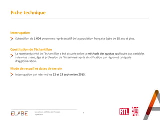Interrogation
Fiche technique
2
Constitution de l’échantillon
Mode de recueil et dates de terrain
La représentativité de l...