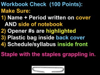 Workbook Check  (100 Points):  Make Sure: 1)  Name + Period written on  cover  AND  side of notebook 2)  Opener #s are  highlighted 3)  Plastic bag inside  back cover 4)  Schedule/syllabus  inside front Staple with the staples grappling in.  