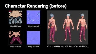 Body Diffuse Body Normal
Head Diffuse Head Normal
Character Rendering (before)
ディテール強調することが良質のモデリングに繋がる？
 