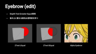ZTest GEqualZTest LEqual Alpha Eyebrow
Eyebrow (edit)
— Depth Test Greater Equal使用
— 髪の上に重なる眉毛は透明度を持つ
 