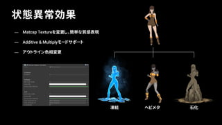 凍結 石化ヘビメタ
状態異常効果
— Matcap Textureを変更し、簡単な質感表現
— Additive & Multiplyモードサポート
— アウトライン色相変更
 