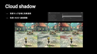 Cloud shadow
— 背景マップ全域に効果適用
— 色相・大きさ・速度調整
 
