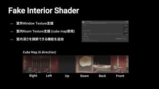 Fake Interior Shader
Right Left Up Down Back
Cube Map (6 direction)
Front
— 室外Window Texture支援
— 室内Room Texture支援 (cube map使用)
— 室内深さを調節できる機能を追加
 