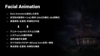 Facial Animation
— Bone Animationと結合した状況
— 状況別の新規モーション制作 (Idle口の動き、Idle目瞬き)
— 再使用性・生産性・多様性の不足
— アニメーションのシステムと分離
— システムによる動作制御
— 自然な動作を保障
— すべてのキャラクターのFacial Animを同一使用
— 再活用性・生産性・多様性を確保
 