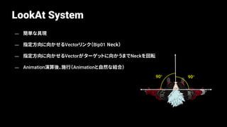 LookAt System
90°90°
— 簡単な具現
— 指定方向に向かせるVectorリンク（Bip01 Neck）
— 指定方向に向かせるVectorがターゲットに向かうまでNeckを回転
— Animation演算後、施行（Animationと自然な結合）
 