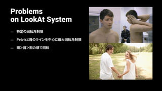 Problems
on LookAt System
— 特定の回転角制限
— Pelvisと肩のラインを中心に最大回転角制限
— 頭＞首＞胸の順で回転
 