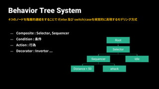 Behavior Tree System
4つのノードを階層的連結をすることで if/else 及び switch/caseを視覚的に具現するモデリング方式
Root
Selector
IdleSequencer
attackDistance < 50
— Composite : Selector, Sequencer
— Condition : 条件
— Action : 行為
— Decorator : Invertor ...
 