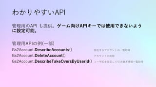わかりやすいAPI
管理⽤のAPI も提供。ゲーム向けAPIキーでは使⽤できないよう
に設定可能。
管理⽤APIの例(⼀部)
Gs2Account.DescribeAccounts() 存在するアカウントの⼀覧取得
Gs2Account.DeleteAccount() アカウントの削除
Gs2Account.DescribeTakeOversByUserId() ユーザIDを指定して引き継ぎ情報⼀覧取得
 