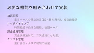 必要な機能を組み合わせて実装
抽選処理
重みベースの確⽴設定(1:3=25%:75%)。複数段抽選
マッチメイキング
時間経過で条件を緩和。役割ベース
課⾦通貨管理
資⾦決済法対応。⼆次通貨にも対応。
クエスト管理
進⾏管理・クリア報酬の抽選
 