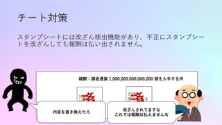 チート対策
スタンプシートには改ざん検出機能があり、不正にスタンプシー
トを改ざんしても報酬は払い出されません。
対価：
100円⽀払う
対価：
購⼊回数を
1回増やす済 済
内容を書き換えたろ
報酬：課⾦通貨 1,,000 個を⼊⼿する件
改ざんされてますな
これでは報酬は払えませんな
報酬：課⾦通貨 1,000,000,000,000,000 個を⼊⼿する件
 