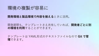 環境の複製が容易に
開発環境と製品環境で内容を揃えるときに活⽤。
開発期間も、テンプレートさえ共有していれば、開発者ごとに別
の環境を利⽤することができます。
テンプレートは YAML形式のテキストファイルなので Git で管
理できます。
 
