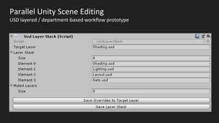 Parallel Unity Scene Editing
USD layered / department-based workflow prototype
 