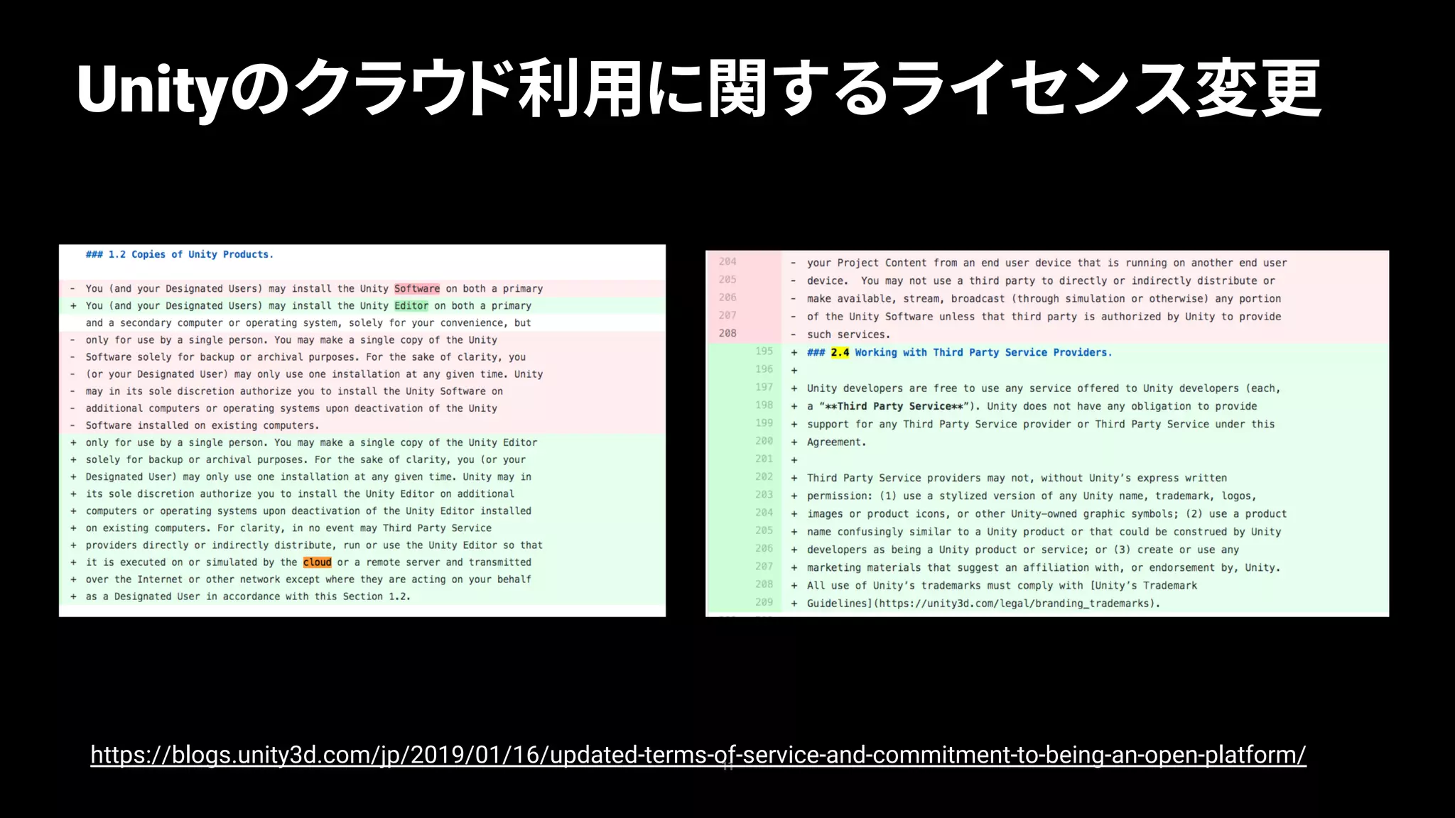 Unityのクラウド利用に関するライセンス変更
11
https://blogs.unity3d.com/jp/2019/01/16/updated-terms-of-service-and-commitment-to-being-an-open-platform/
 