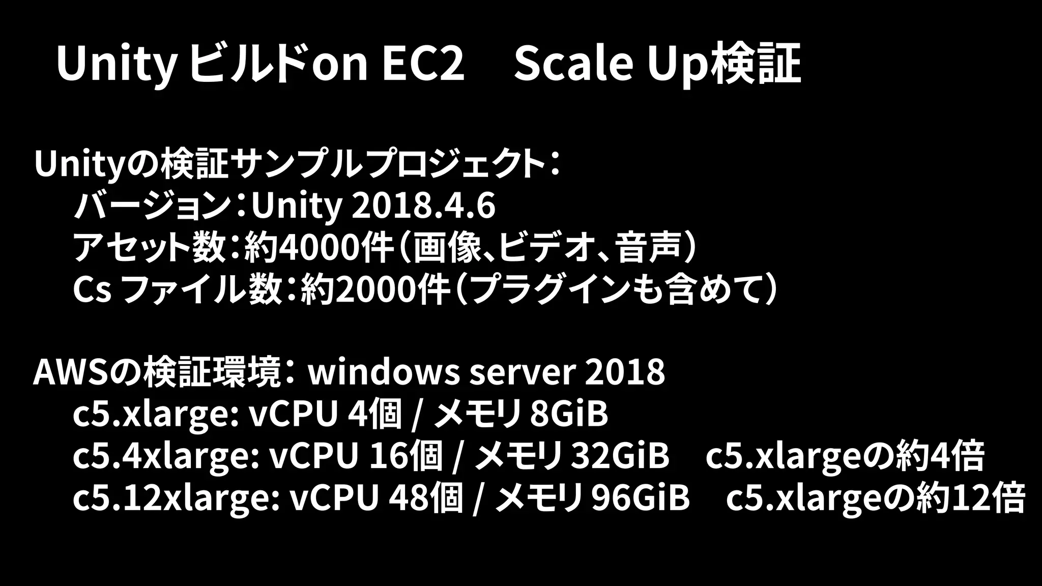 Unity ビルドon EC2 Scale Up検証
Unityの検証サンプルプロジェクト：
• バージョン：Unity 2018.4.6
• アセット数：約4000件（画像、ビデオ、音声）
• Cs ファイル数：約2000件（プラグインも含めて）
AWSの検証環境： windows server 2018
• c5.xlarge: vCPU 4個 / メモリ 8GiB
• c5.4xlarge: vCPU 16個 / メモリ 32GiB c5.xlargeの約4倍
• c5.12xlarge: vCPU 48個 / メモリ 96GiB c5.xlargeの約12倍
 