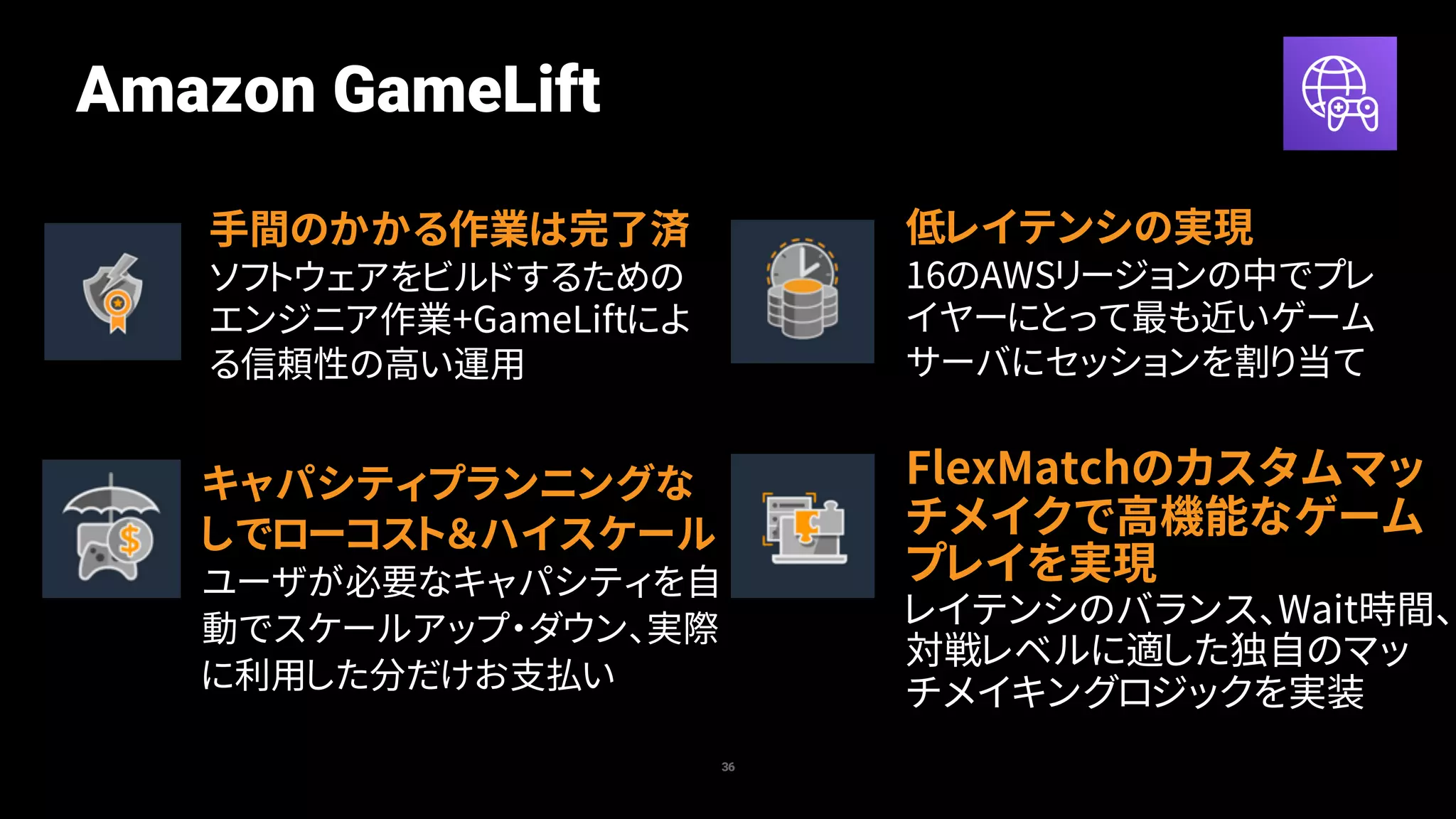 Amazon GameLift
36
手間のかかる作業は完了済
ソフトウェアをビルドするための
エンジニア作業+GameLiftによ
る信頼性の高い運用
低レイテンシの実現
16のAWSリージョンの中でプレ
イヤーにとって最も近いゲーム
サーバにセッションを割り当て
キャパシティプランニングな
しでローコスト＆ハイスケール
ユーザが必要なキャパシティを自
動でスケールアップ・ダウン、実際
に利用した分だけお支払い
FlexMatchのカスタムマッ
チメイクで高機能なゲーム
プレイを実現
レイテンシのバランス、Wait時間、
対戦レベルに適した独自のマッ
チメイキングロジックを実装
 