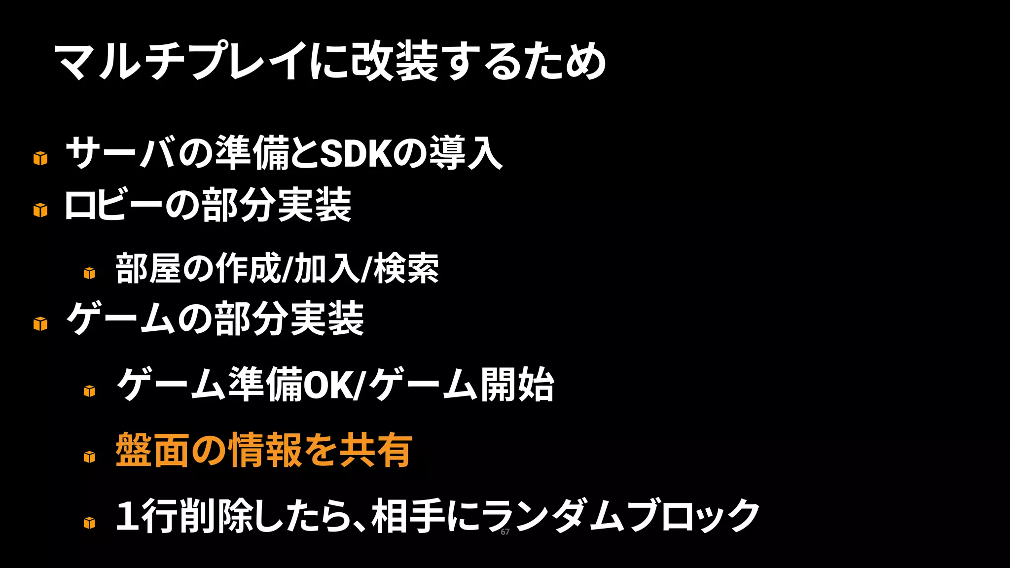 サーバの準備とSDKの導入
ロビーの部分実装
部屋の作成/加入/検索
ゲームの部分実装
ゲーム準備OK/ゲーム開始
盤面の情報を共有
１行削除したら、相手にランダムブロック67
マルチプレイに改装するため
 