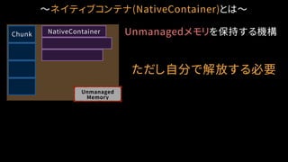 〜ネイティブコンテナ(NativeContainer)とは〜
Unmanaged
Memory
Chunk NativeContainer Unmanagedメモリを保持する機構
ただし自分で解放する必要
 