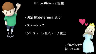 Unity Physics 誕生
・決定的(deterministic)
・シミュレーションループ独立
こういうのを
待っていた！
・ステートレス
 