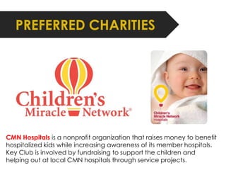 PREFERRED CHARITIES 
CMN Hospitals is a nonprofit organization that raises money to benefit 
hospitalized kids while increasing awareness of its member hospitals. 
Key Club is involved by fundraising to support the children and 
helping out at local CMN hospitals through service projects. 
 