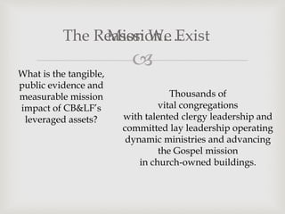 
Mission….
The Reason We Exist
What is the tangible,
public evidence and
measurable mission
impact of CB&LF’s
leveraged assets?
Thousands of
vital congregations
with talented clergy leadership and
committed lay leadership operating
dynamic ministries and advancing
the Gospel mission
in church-owned buildings.
 