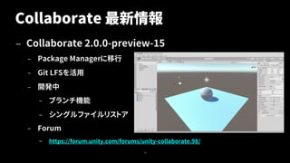 Collaborate 最新情報
— Collaborate 2.0.0-preview-15
– Package Managerに移行
– Git LFSを活用
– 開発中
– ブランチ機能
– シングルファイルリストア
– Forum
– https://forum.unity.com/forums/unity-collaborate.98/
12
 