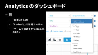 Analytics のダッシュボード
— 例
– 「日本」のDAU
– 「Android」の新規ユーザー
– 「ゲームを始めてから3日以内」
のDAU
33
 