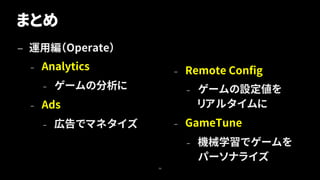 まとめ
— 運用編（Operate）
– Analytics
– ゲームの分析に
– Ads
– 広告でマネタイズ
– Remote Config
– ゲームの設定値を
リアルタイムに
– GameTune
– 機械学習でゲームを
パーソナライズ
56
 