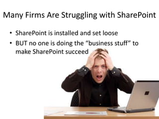 Many Firms Are Struggling with SharePoint SharePoint is installed and set loose BUT no one is doing the “business stuff” to make SharePoint succeed 