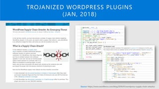 TROJANIZED WORDPRESS PLUGINS
(JAN, 2018)
Source: https://www.wordfence.com/blog/2018/01/wordpress-supply-chain-attacks/
 