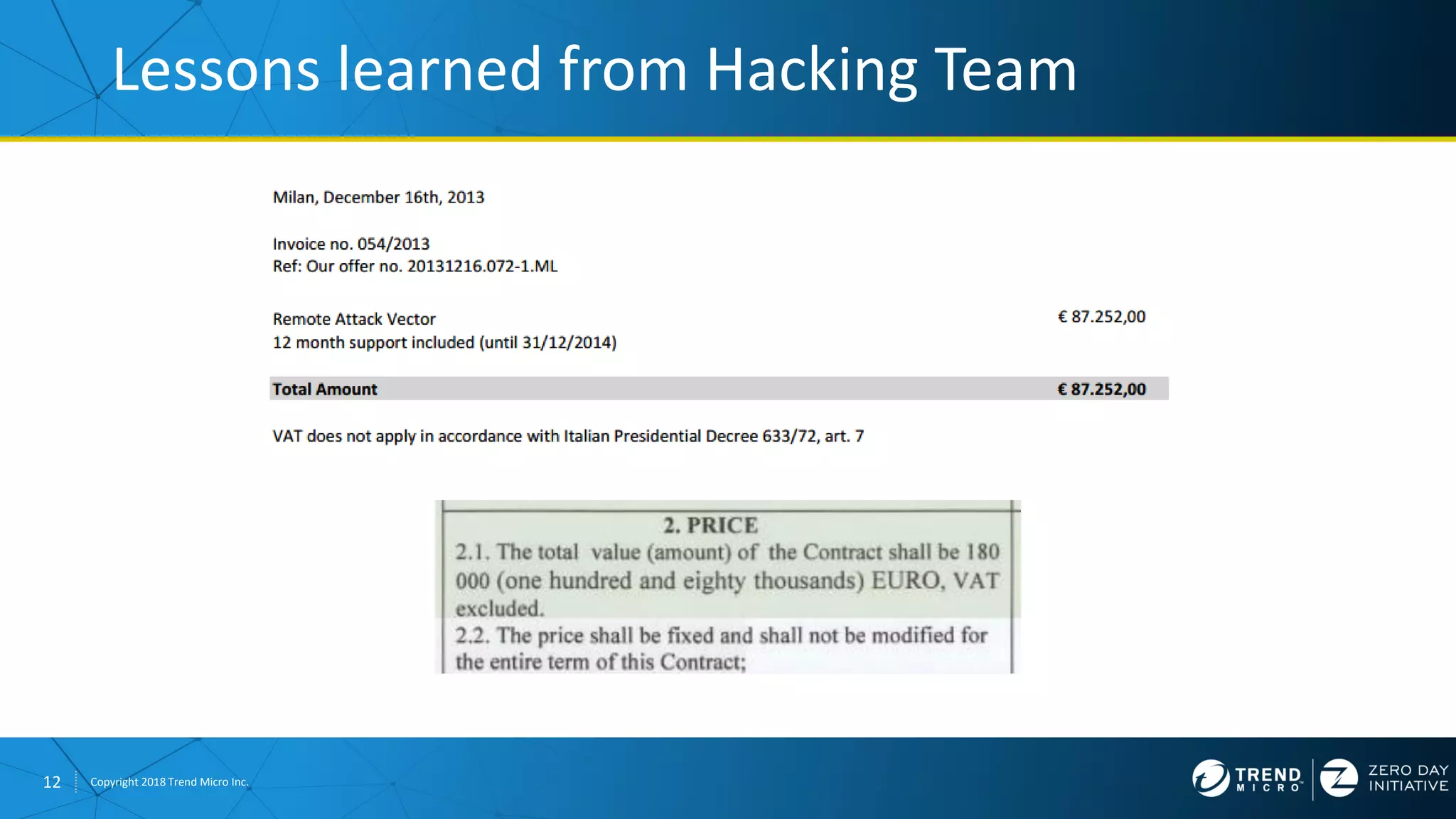 12 Copyright 2018 Trend Micro Inc.
Lessons learned from Hacking Team
 