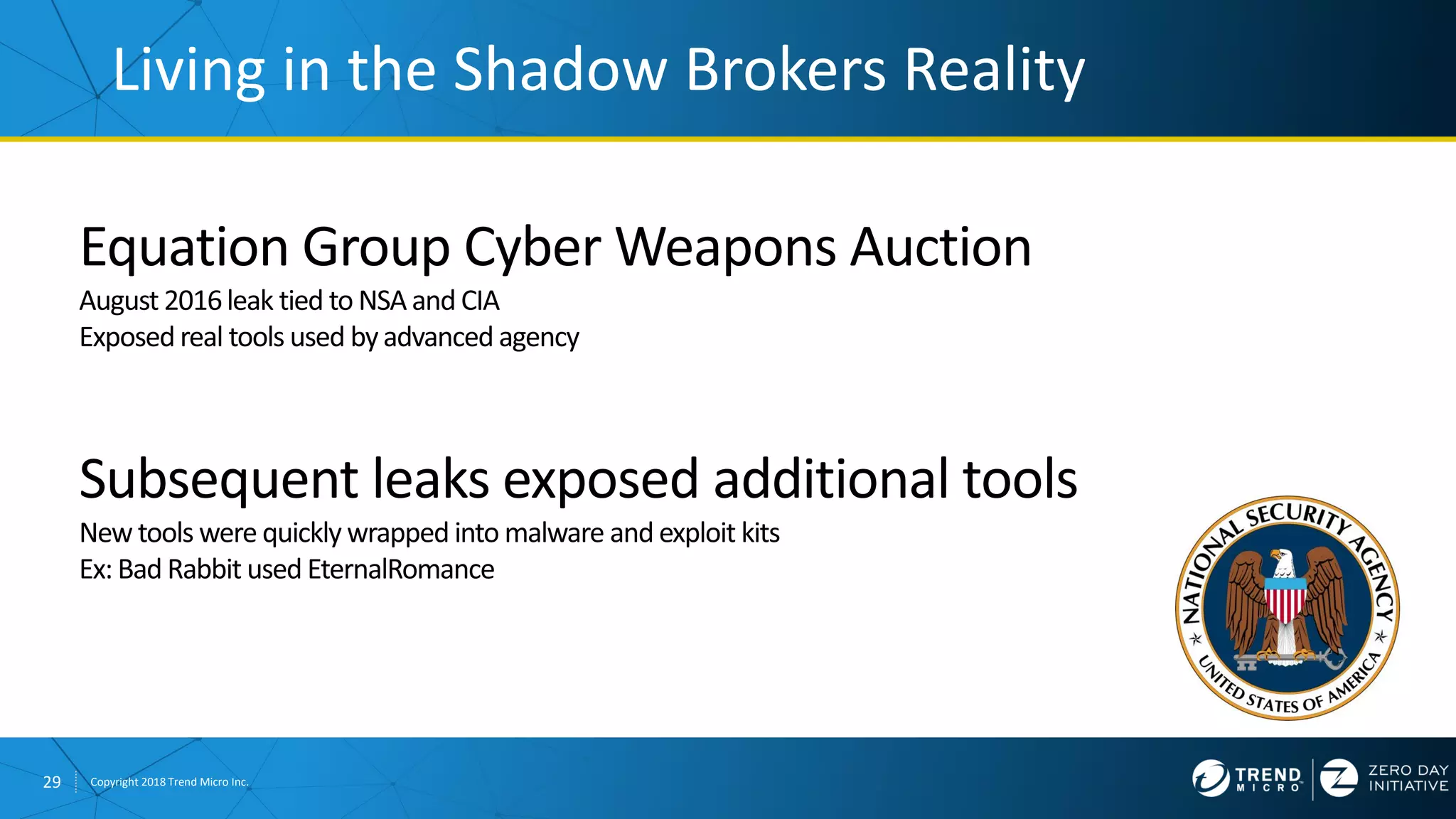29 Copyright 2018 Trend Micro Inc.
Living in the Shadow Brokers Reality
 
