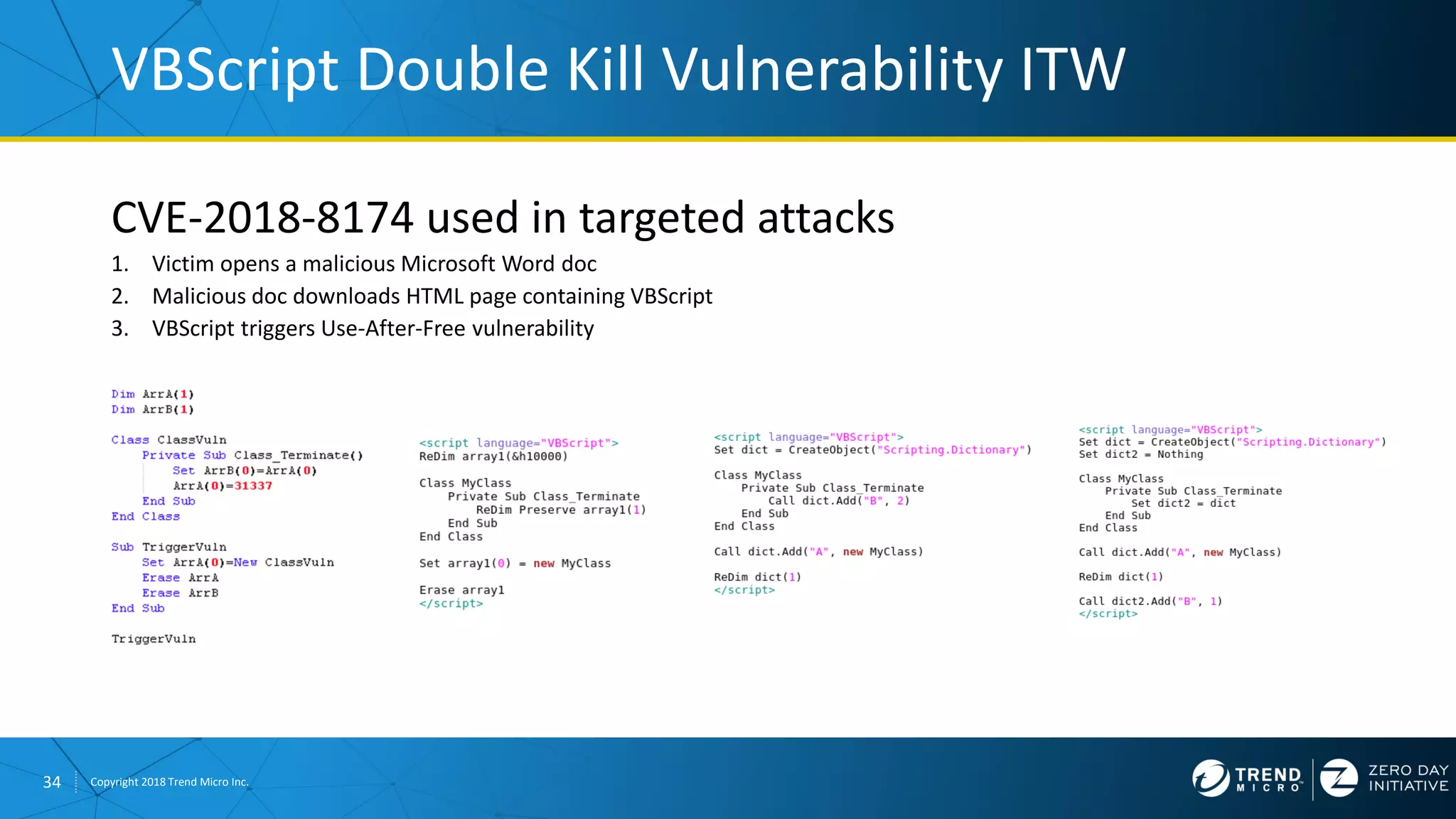 34 Copyright 2018 Trend Micro Inc.
CVE-2018-8174 used in targeted attacks
1. Victim opens a malicious Microsoft Word doc
2. Malicious doc downloads HTML page containing VBScript
3. VBScript triggers Use-After-Free vulnerability
VBScript Double Kill Vulnerability ITW
 