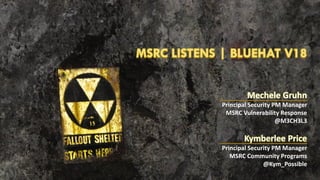 MSRC LISTENS | BLUEHAT V18
Mechele Gruhn
Principal Security PM Manager
MSRC Vulnerability Response
@M3CH3L3
Kymberlee Price
Principal Security PM Manager
MSRC Community Programs
@Kym_Possible
 