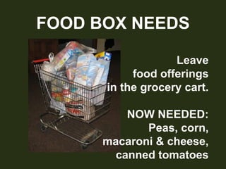 FOOD BOX NEEDS Leavefood offerings in the grocery cart.NOW NEEDED:Peas, corn,macaroni & cheese,canned tomatoes