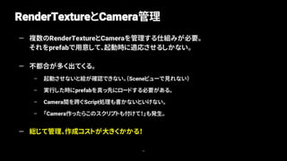 RenderTextureとCamera管理
43
— 複数のRenderTextureとCameraを管理する仕組みが必要。
それをprefabで用意して、起動時に適応させるしかない。
— 不都合が多く出てくる。
– 起動させないと絵が確認できない。（Sceneビューで見れない）
– 実行した時にprefabを真っ先にロードする必要がある。
– Camera間を跨ぐScript処理も書かないといけない。
– 「Camera作ったらこのスクリプトも付けて！」も発生。
— 総じて管理、作成コストが大きくかかる！
 
